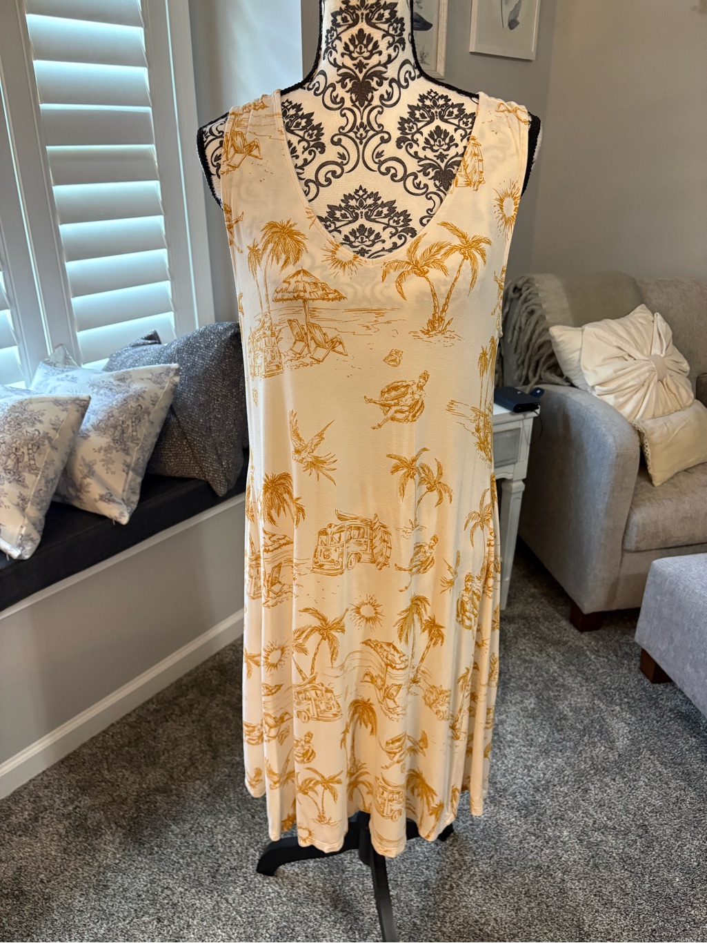 Sleeveless Cream & Mustard Tropical Print Dress